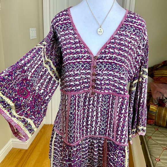 Anthropologie Top Maeve Silk Tiered V-Neck Floral Pink Flare Sleeves Lilyana (S) - Picture 1 of 9